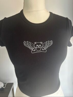 Bershka Black Crop Top with White Winged Teddy Graphic